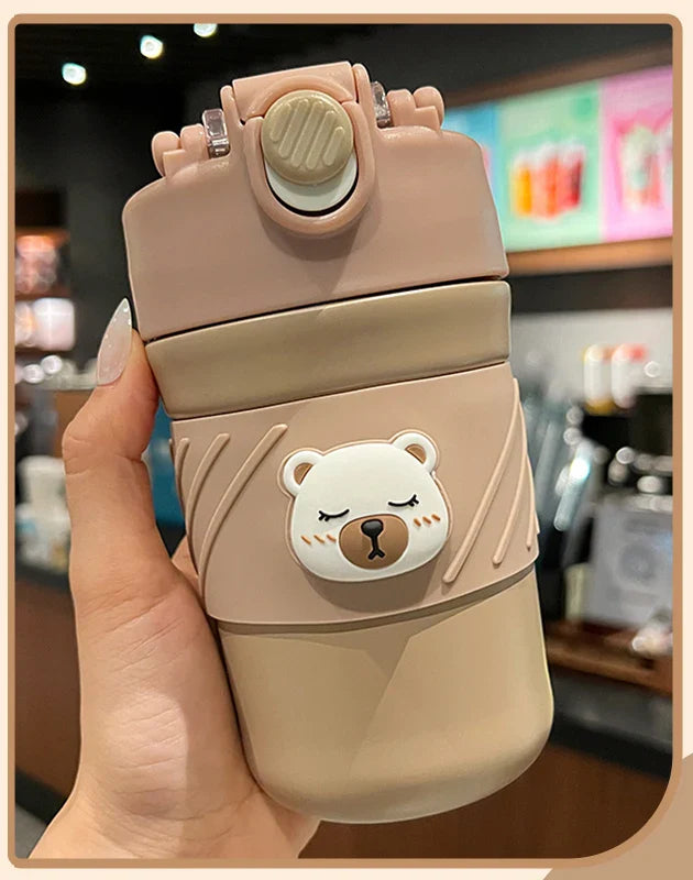 450ML Mignonne Tasse à Café Thermos Double Boisson Ours avec Paille Gobelet Portable en Acier Inoxydable Bouteille Isotherme pour Enfants Filles