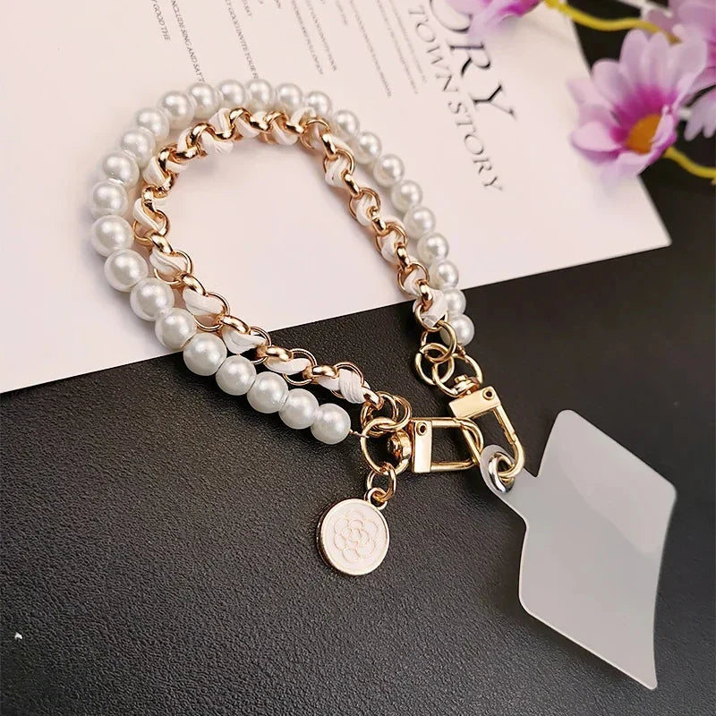 26cm Leather Pearl Camellia Mobile Phone Charm Bracelet Chain Anti-lost Universal Cell Phone Strap Rope Pendant Metal Key Chain
