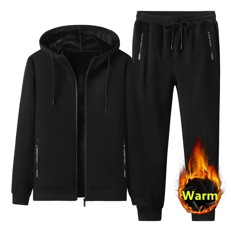 New 2025 Autumn Winter Men Sets Men's Fashion Plus Fleece Thickened Warm Pure Cotton Hooded Sportwear Suit Man Casual Tracksuits