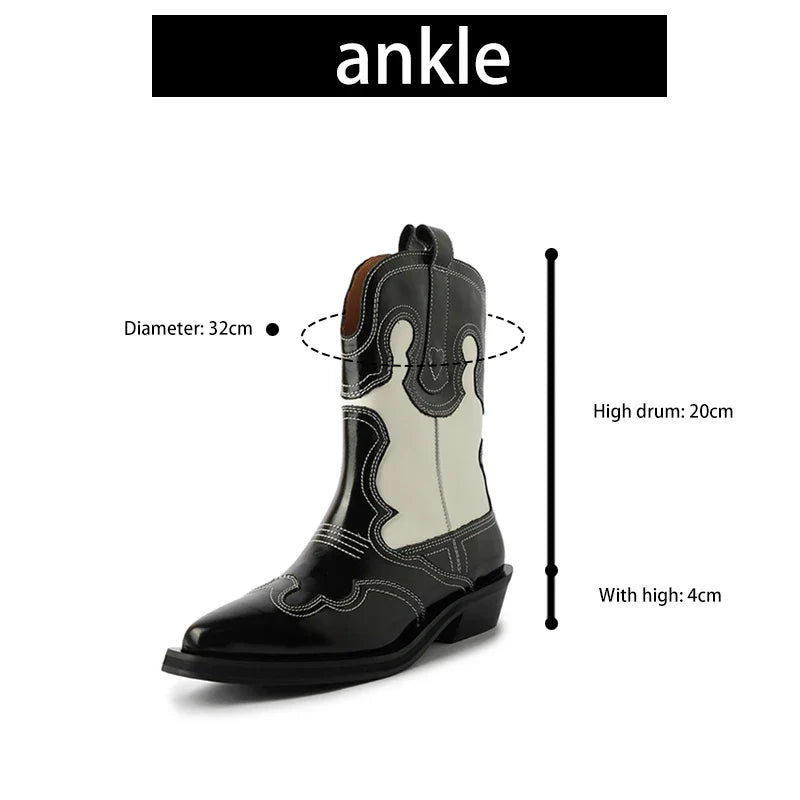 Ods Cowboy Western Boots For Women Real Leather Embroidered Pointed Toe Mid-calf Western Boot Retro Fashion Casual High Quality