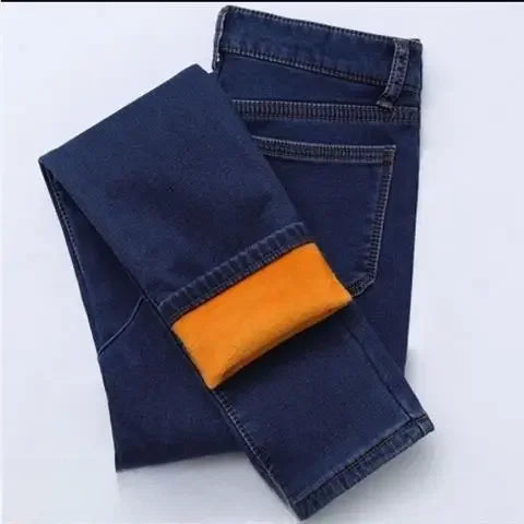 WinterFleece-Lined Thickened High-Waisted Jeans Women's Korean Style Black Slimming Trousers Student Elastic Long Pants