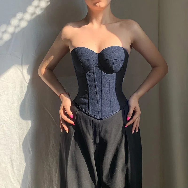 Harajuku Casual Female Imitation Cowboy Vest 2024 New Fashion Wrapped Chest Backless Strap Waist Solid Color Fishbone Tops Femal