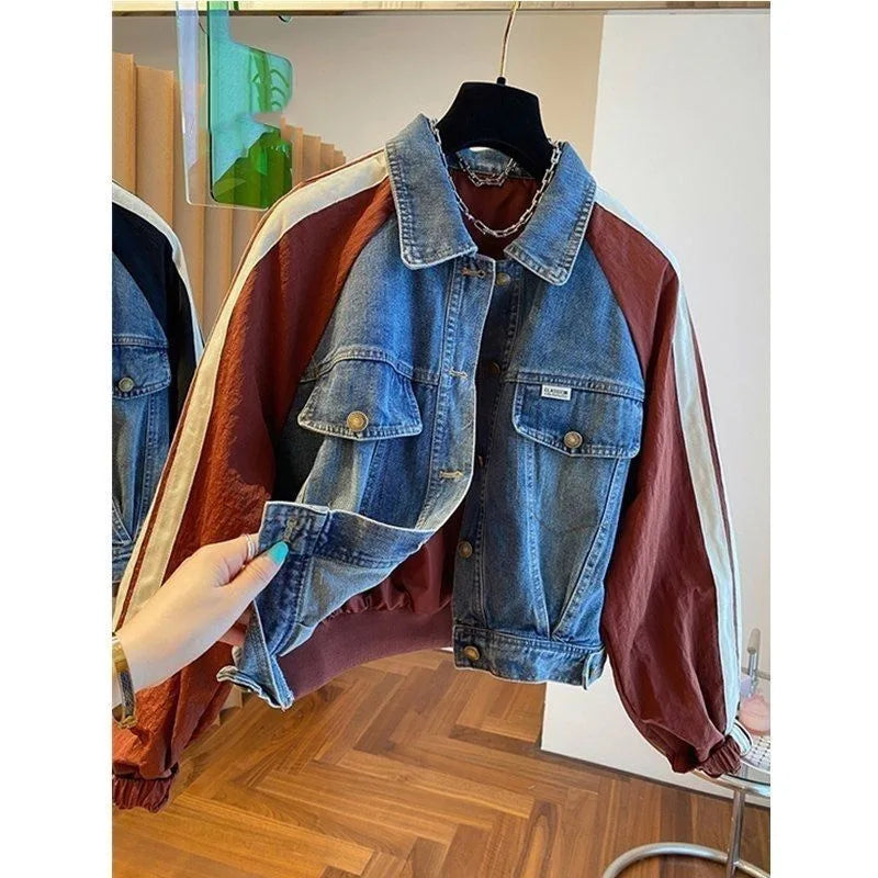 2025 Spring Autumn Short Baseball Jacket Loose Fitting Cowboy Women Outerwear European Fashion Splicing Together Denim Lady Coat