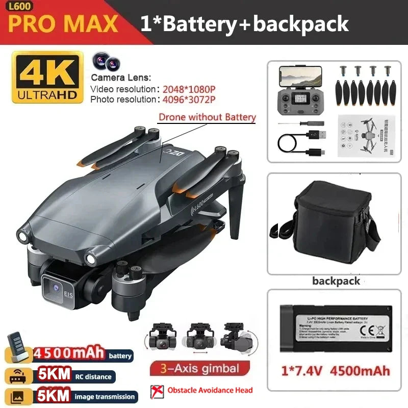 Drone GPS L600 PRO MAX/PRO, caméra HD professionnelle 4K, cardan 3 axes 5G FPV, sans balais, en option, pour éviter les obstacles, quadrirotor
