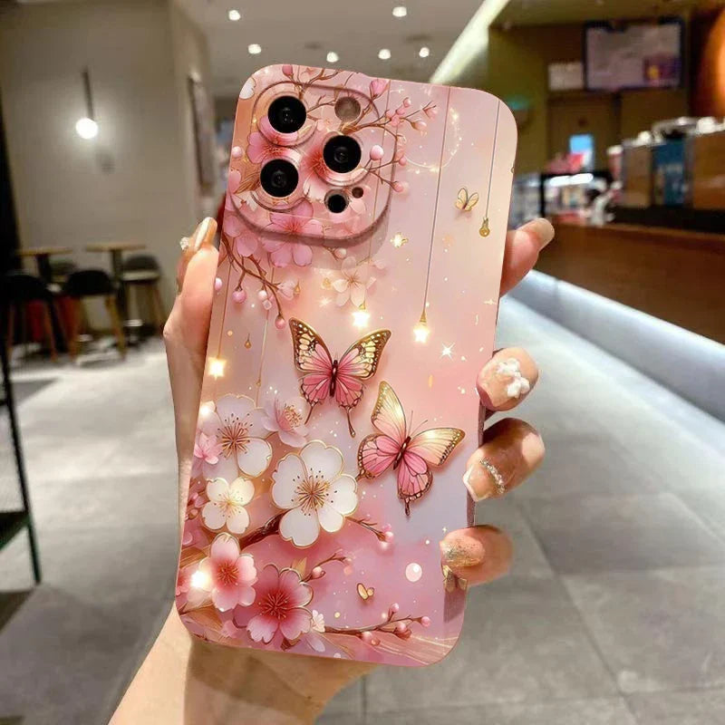 Coque de Téléphone Antichoc à Motif Papillon et Floral pour iPhone 11 12 13 14 15 16 17 Air Pro Max 16E XR XS X 7 8 Plus SE2 Housse Mate
