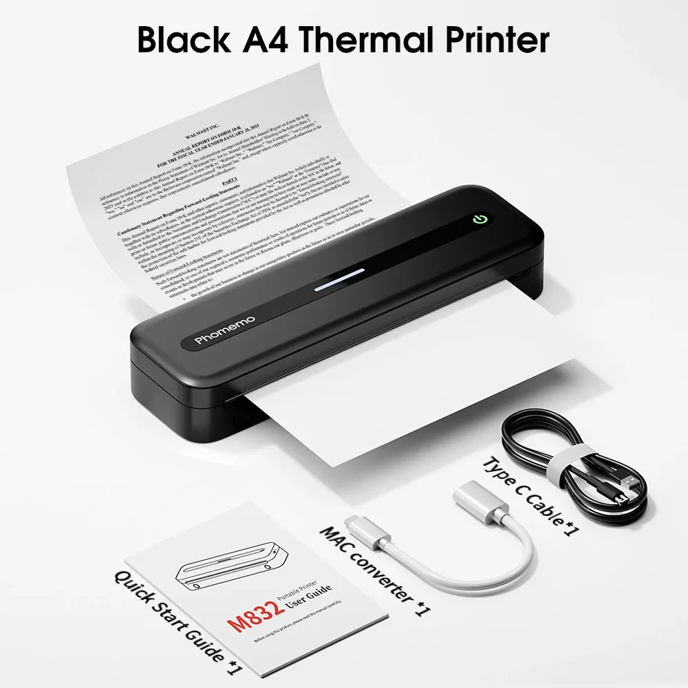 Inkless Printer M832 Portable Printer Wireless Bluetooth Thermal Printer Support Letter A4 5-Size Thermal Paper Mobile Printer