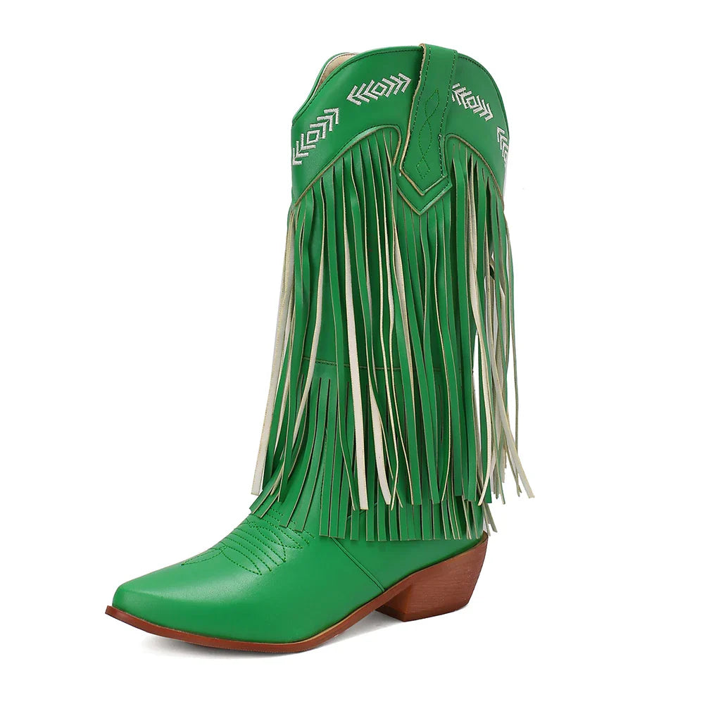 Bottes de cowboy pour femmes, brodées, à glands, talons épais, bout pointu, roses, de style western, bottes compensées sans lacets pour femme