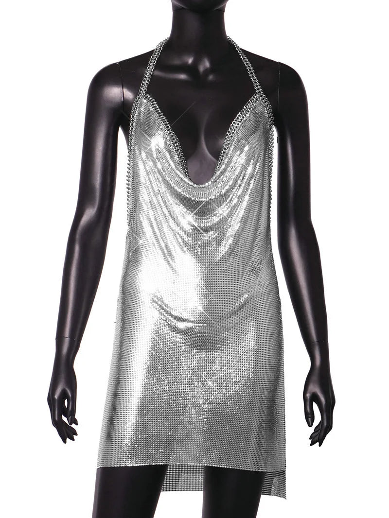 Sexy Hot Pink Glitter Sequin Party Dresses Bling Aluminum Chainmail Dress Backless Halter V Neck Side Slit Metal Party Outfit