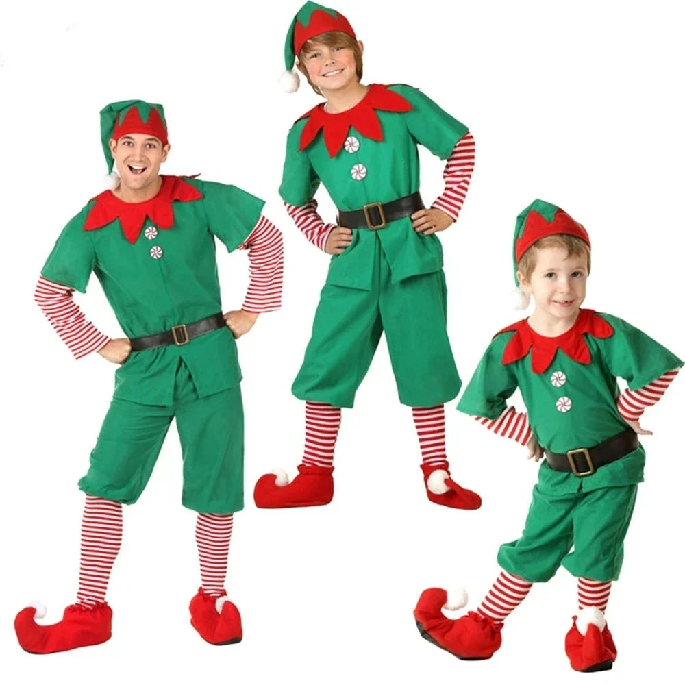 Children and adults Christmas elf costumes, Santa Claus costume sets, green elves, Halloween cosplay in 2026,