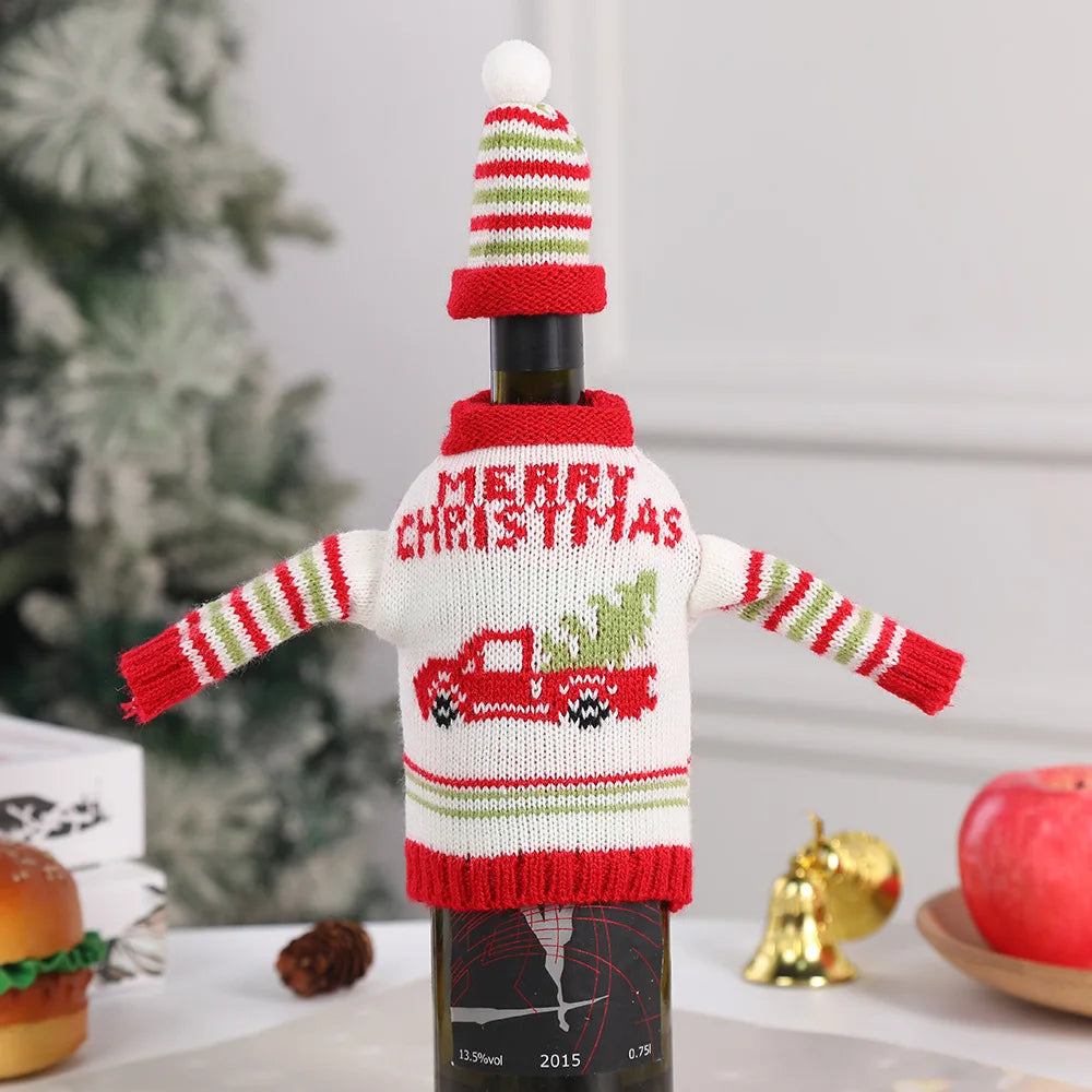 Ensemble de bouteilles de vin de noël tricotées créatives, couvre-bouteille de vin, manches, bonhomme de neige du père noël, nouvel an, décor de Table à dîner