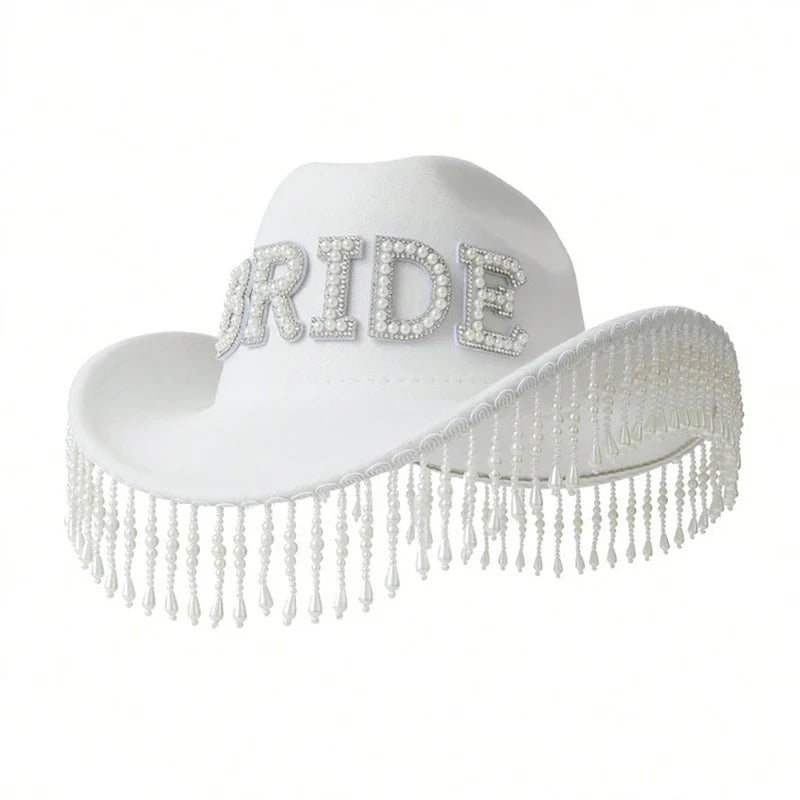 Cowgirl Hat for Bride Elegant Fringed Bead Hat Masquerade Party Letter Bride Hat Dropshipping