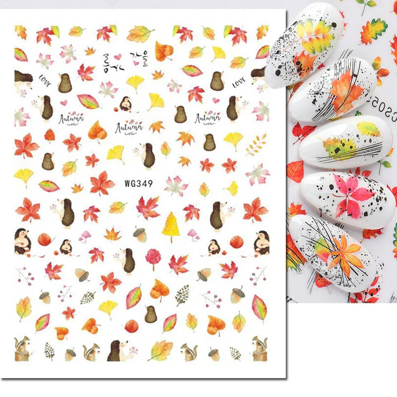 Autocollants 3D pour ongles Hiver Automne Feuilles dorées Roses Rouges Fleurs Décalcomanies pour la décoration des ongles Salon de manucure Beauté