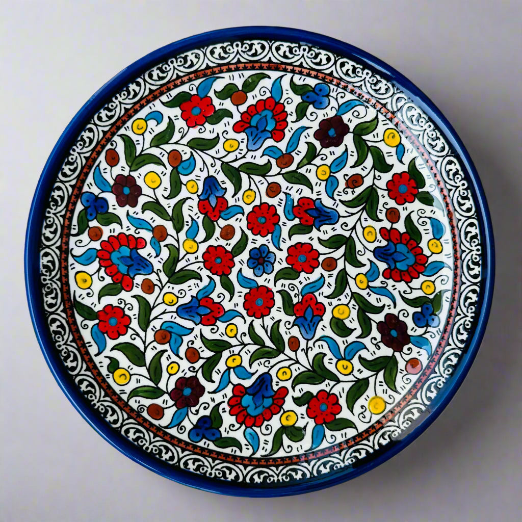 Plats de service | Ronds et rectangulaires – Céramique palestinienne peinte à la main | Multicolore et Bleu marine
