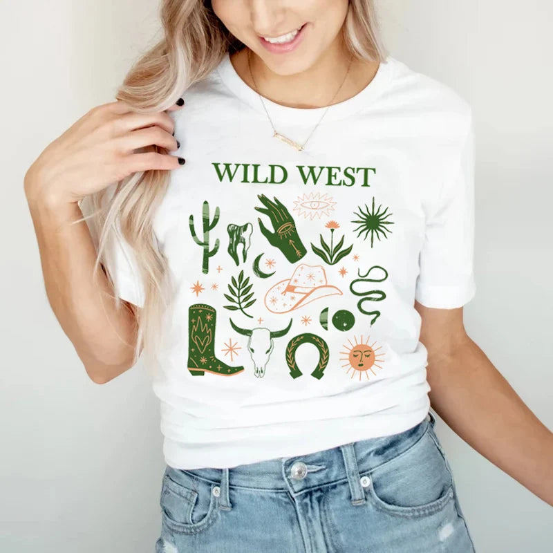 T-shirts graphiques mignons style cow-girl Far West Rodéo Western T-shirt femme vintage bohème T-shirt hippie d'été hauts rétro