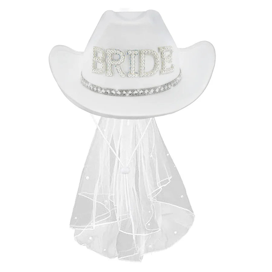 Chapeau de Cowboy blanc de mariée avec voile, perles et strass, chapeau de Cowgirl pour mariage, enterrement de vie de jeune fille, douche nuptiale, décoration, cadeau