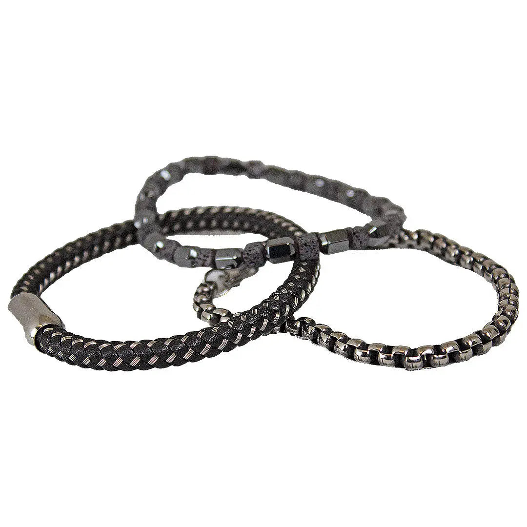 Bracelets pour hommes SteelTime en cuir noir et acier inoxydable avec hématite et pierre de lave