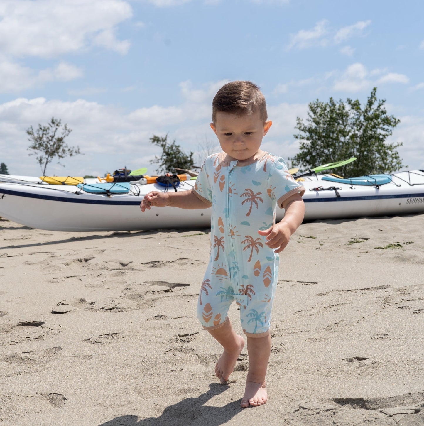 Bamboo Short Sleeve Zippy Romper (Sunny Shores Print)
