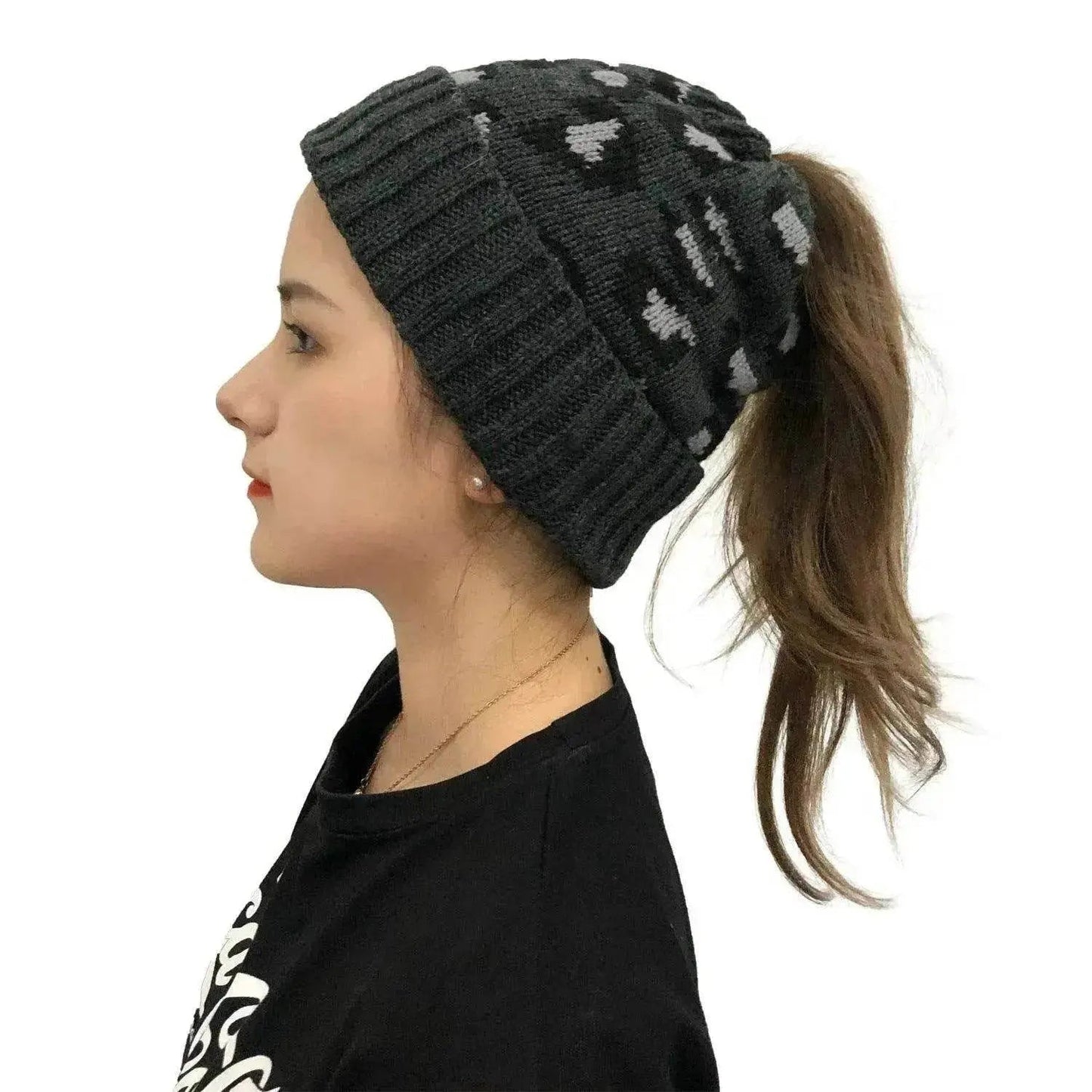 Women's Leopard Jacquard Ponytail Knitted Woolen Hat