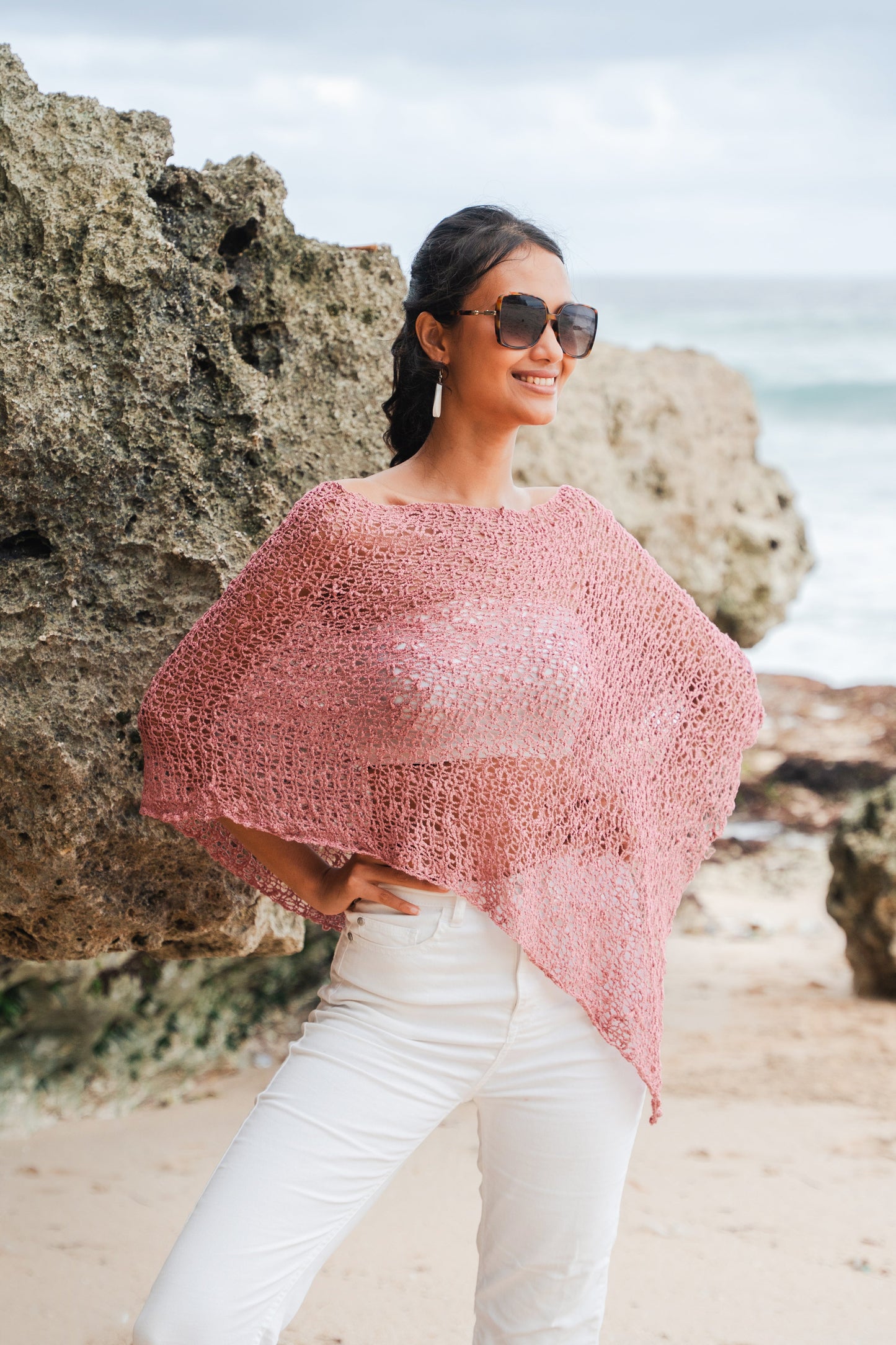 Short Popcorn Knit Poncho - Dusty Pink