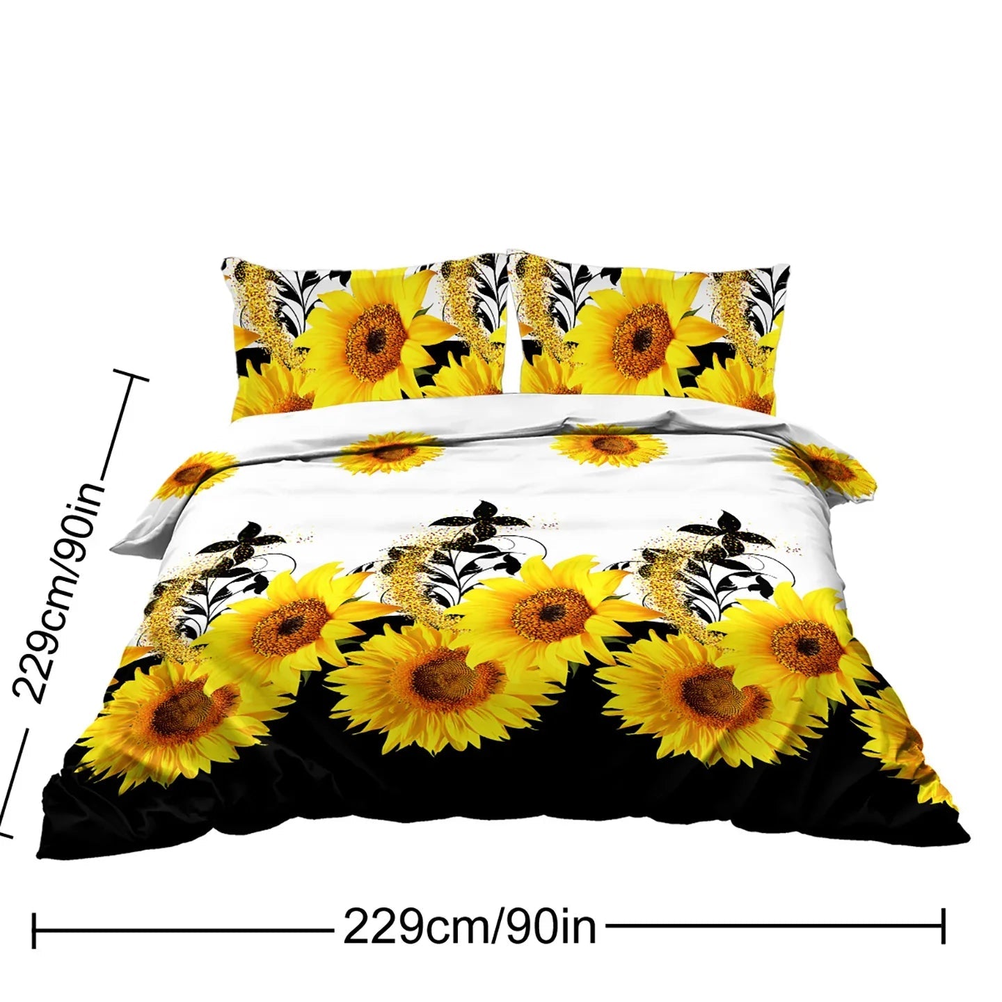 Parure de lit 3 pièces imprimé tournesol noir et blanc Housse de couette et taies d'oreiller Fleur jaune Parure de lit en polyester pour adultes Décoration de chambre à coucher Taille Twin Full Queen King