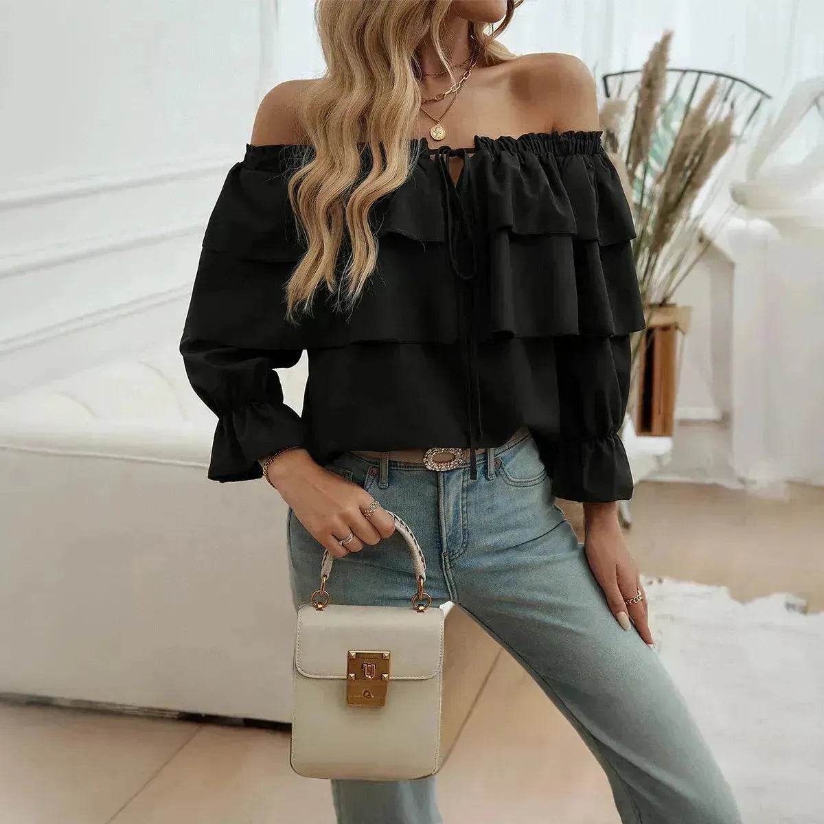 Stylish Casual Evening Top for Women Off-shoulder Bishop Long Sleeve Top