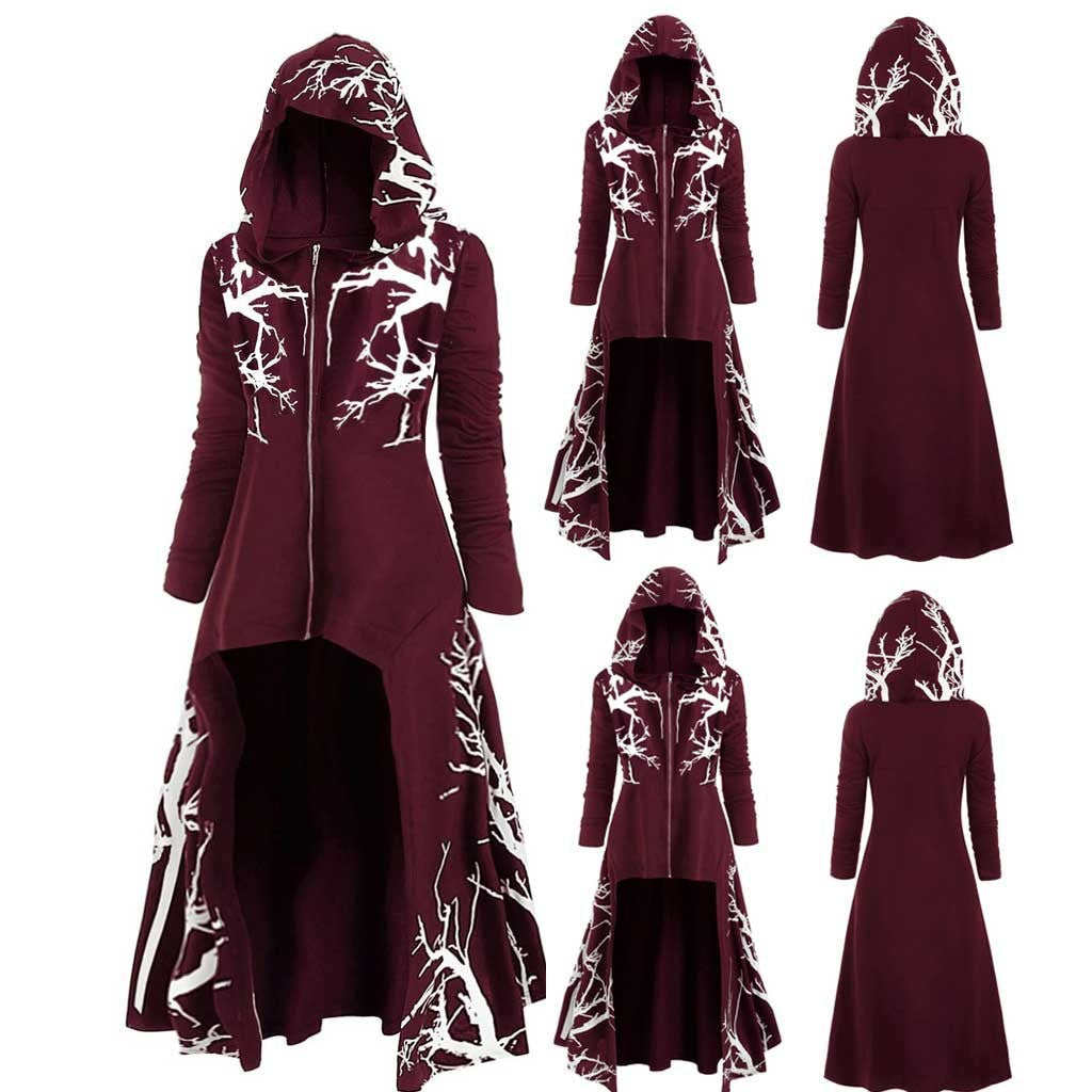 Gothic Halloween Cape Jacket for Women – Printed Long Sleeve Zip-Up Costume Coat