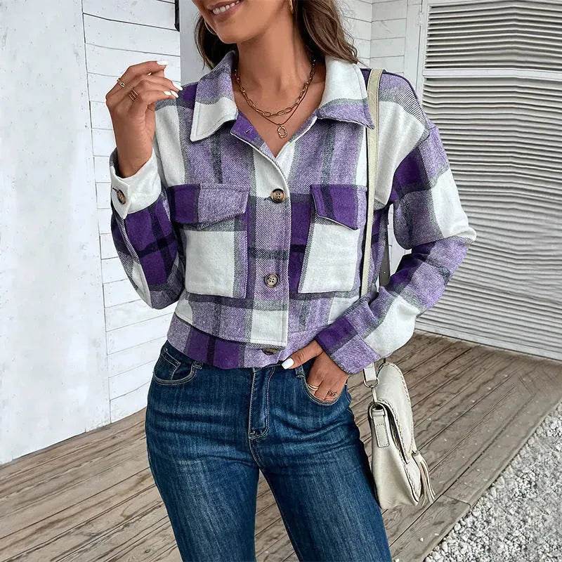 Fashion Oversized Plaid Lapel Cropped Jacket outwear top for women