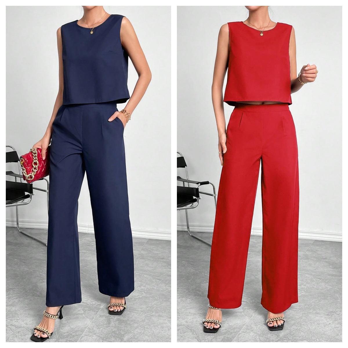 Women's Sleeveless Round Neck Crop Top & Wide Leg Pants Two-Piece Set – Casual Solid Color Office Wear Outfit
