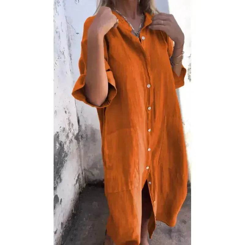 Women Loose Casual Half Sleeve Cotton Linen Buttoned down Shirt Dress
