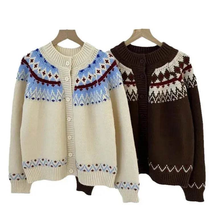 Pull en tricot jacquard épais à boutons pour femme automne et hiver
