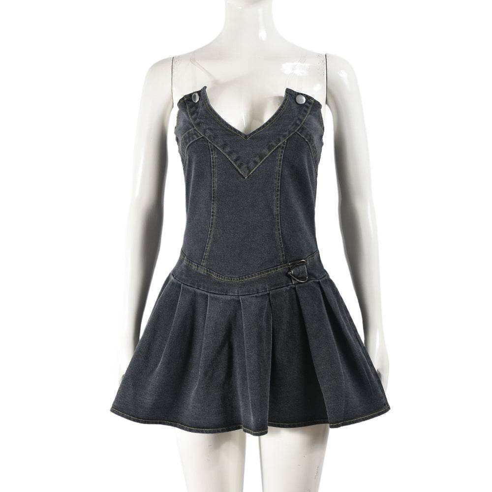Hot Girl French Pleated V-neck Denim Tube top Dress