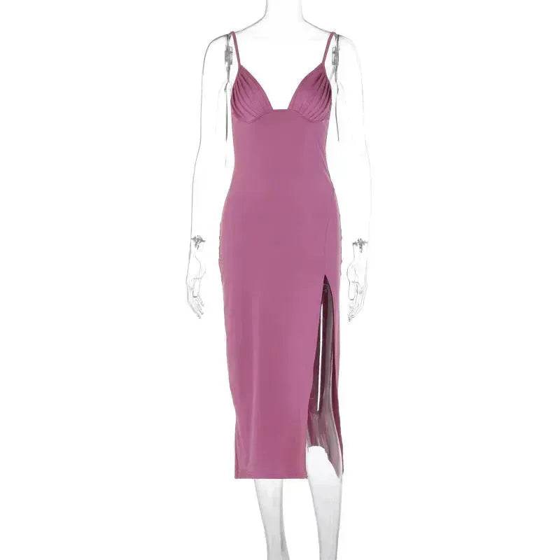 Spaghetti Strap Dress With Split Design Deep V-neck Sleeveless Backless Bodycon Satin Evening Party Wedding Cocktail Dresses For Womens Clothing