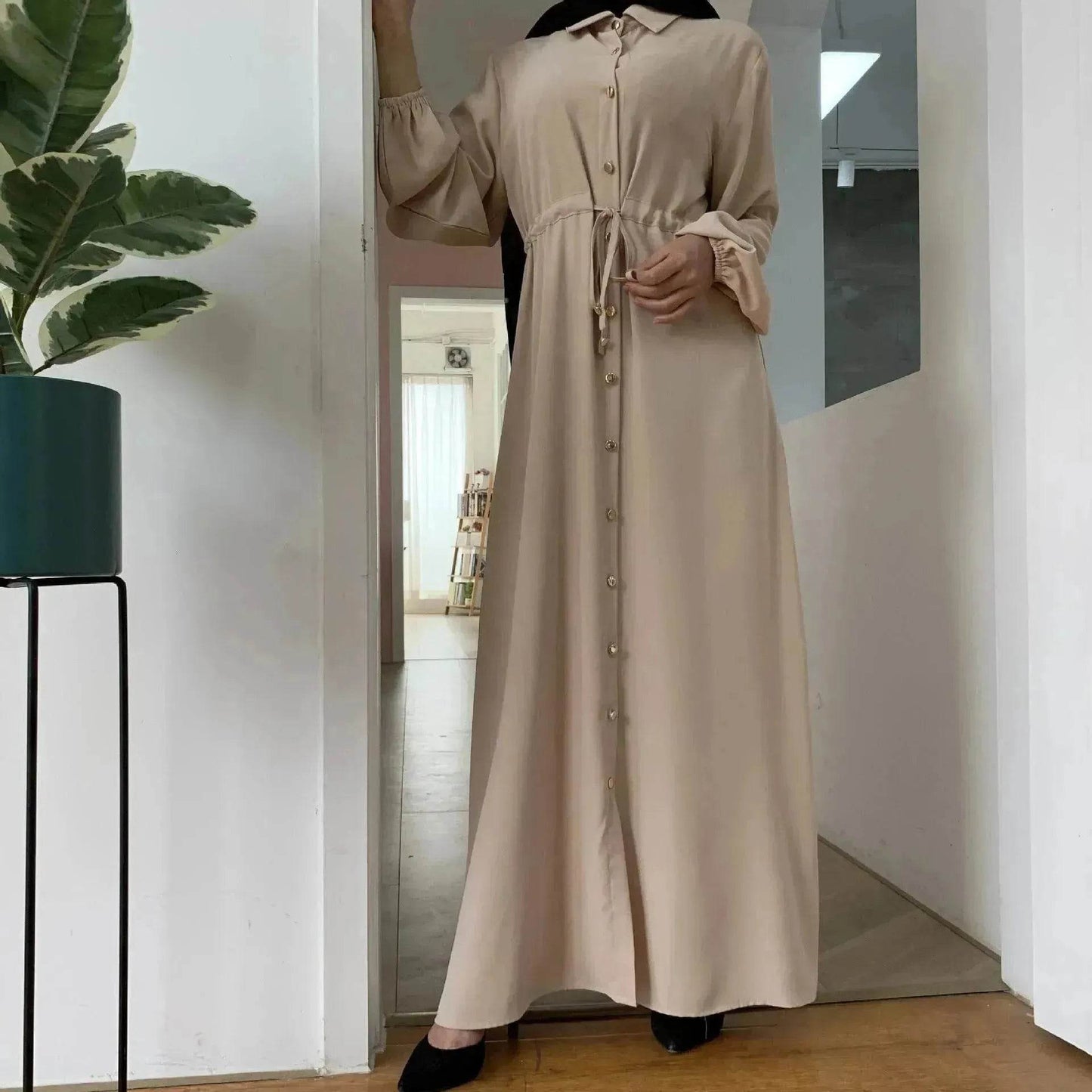 Beautiful Solid Color Full Button down Abaya Dress for Arabian Dubai Turkey Middle East Women