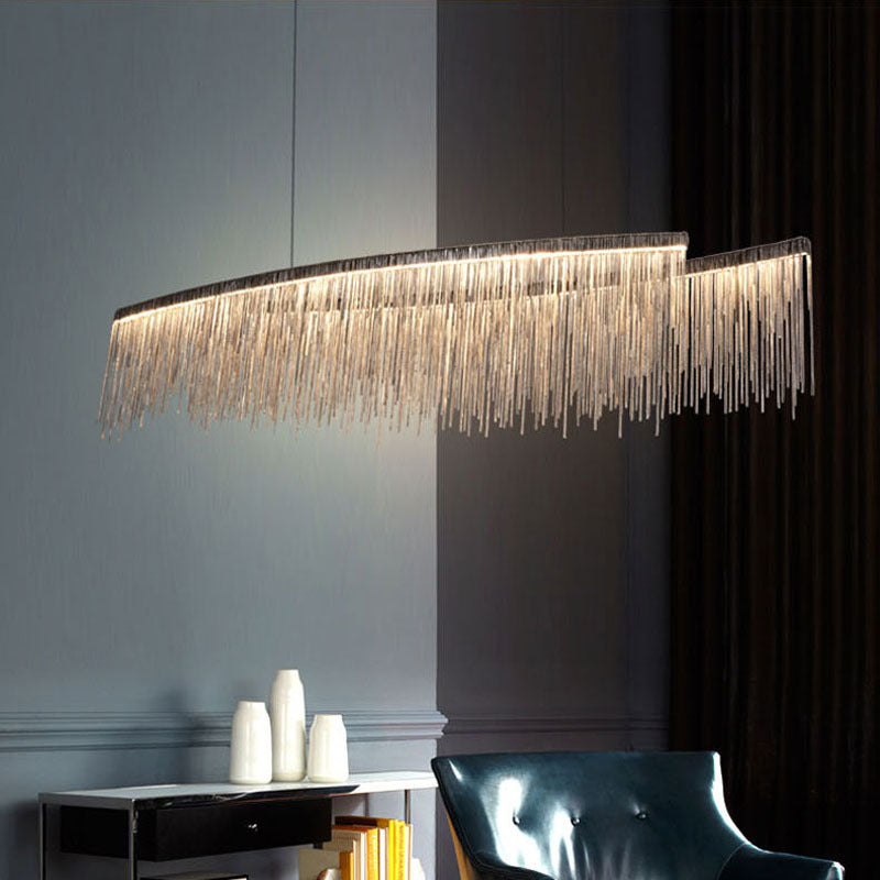Personalized Minimalist Chandelier – Modern Silver Aluminum Pendant Light with Tassel Design for Dining & Living Room