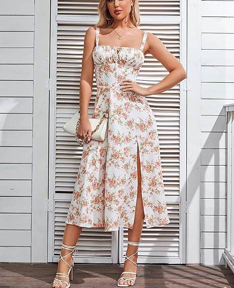 Spring Summer Sleeveless Floral Bohemian Corset flow Slit Midi Dress
