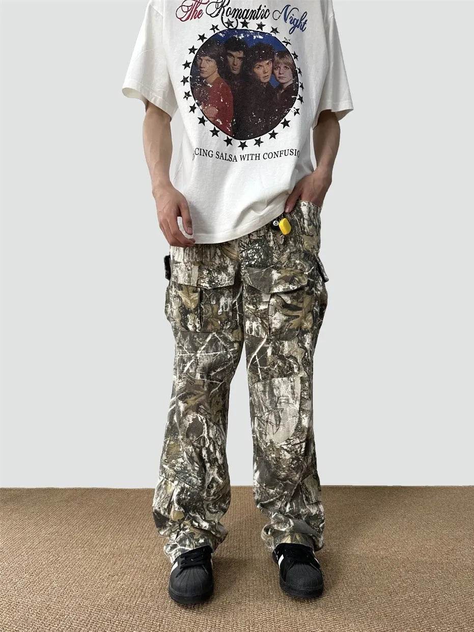 Loose Straight Tree Worn Looking Washed-out Camouflage Printed Cargo pant Men