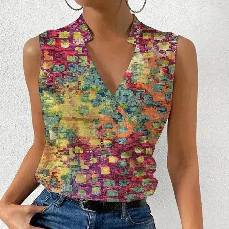 Casual Printed Tops Summer V-neck Sleeveless blouse evening top women