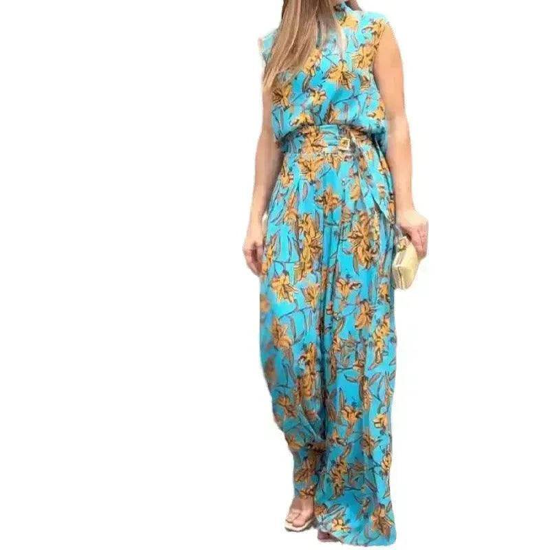 Casual Style Sleeveless High-waisted 2pcs floral Trousers set Women