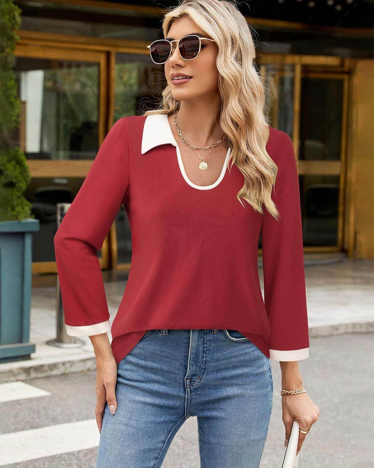 Casual Color Matching Lapel Long Sleeve Blouse Top Women
