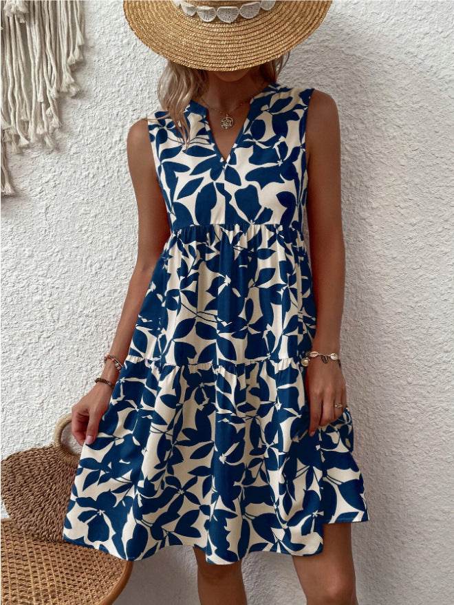 Robes bohèmes d'été, mode plage, col en V ample, imprimé plissé, sans manches, pour femmes