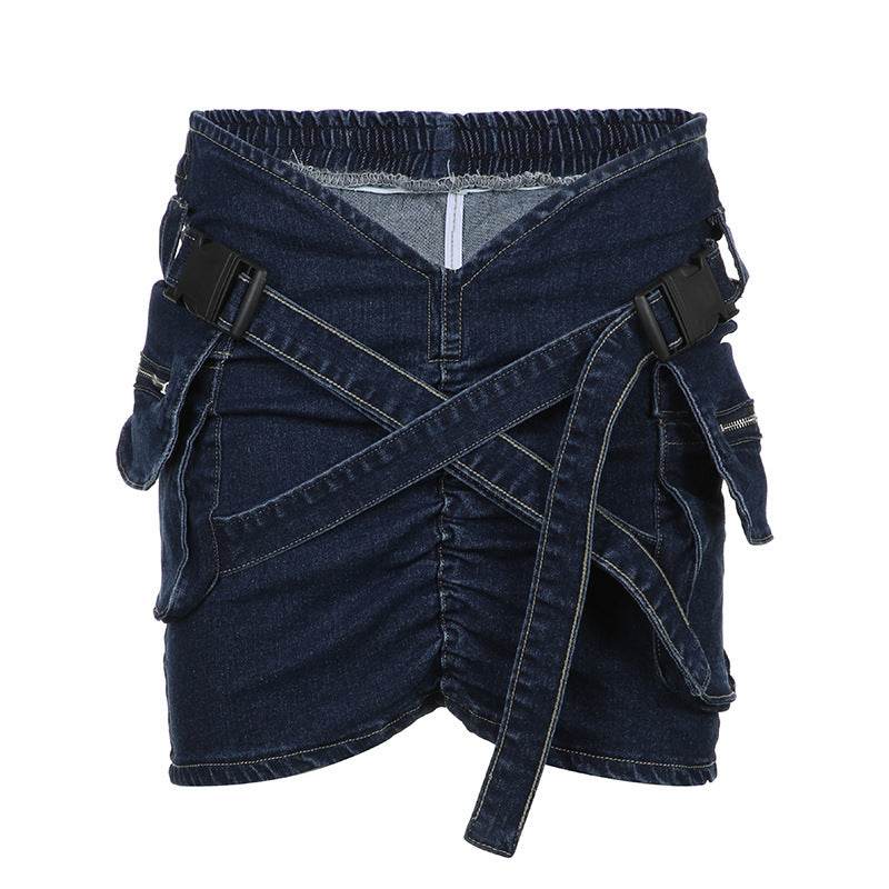 Cross School Bag Buckle V-shaped Waist Workwear Denim Mini Cargo Skirt