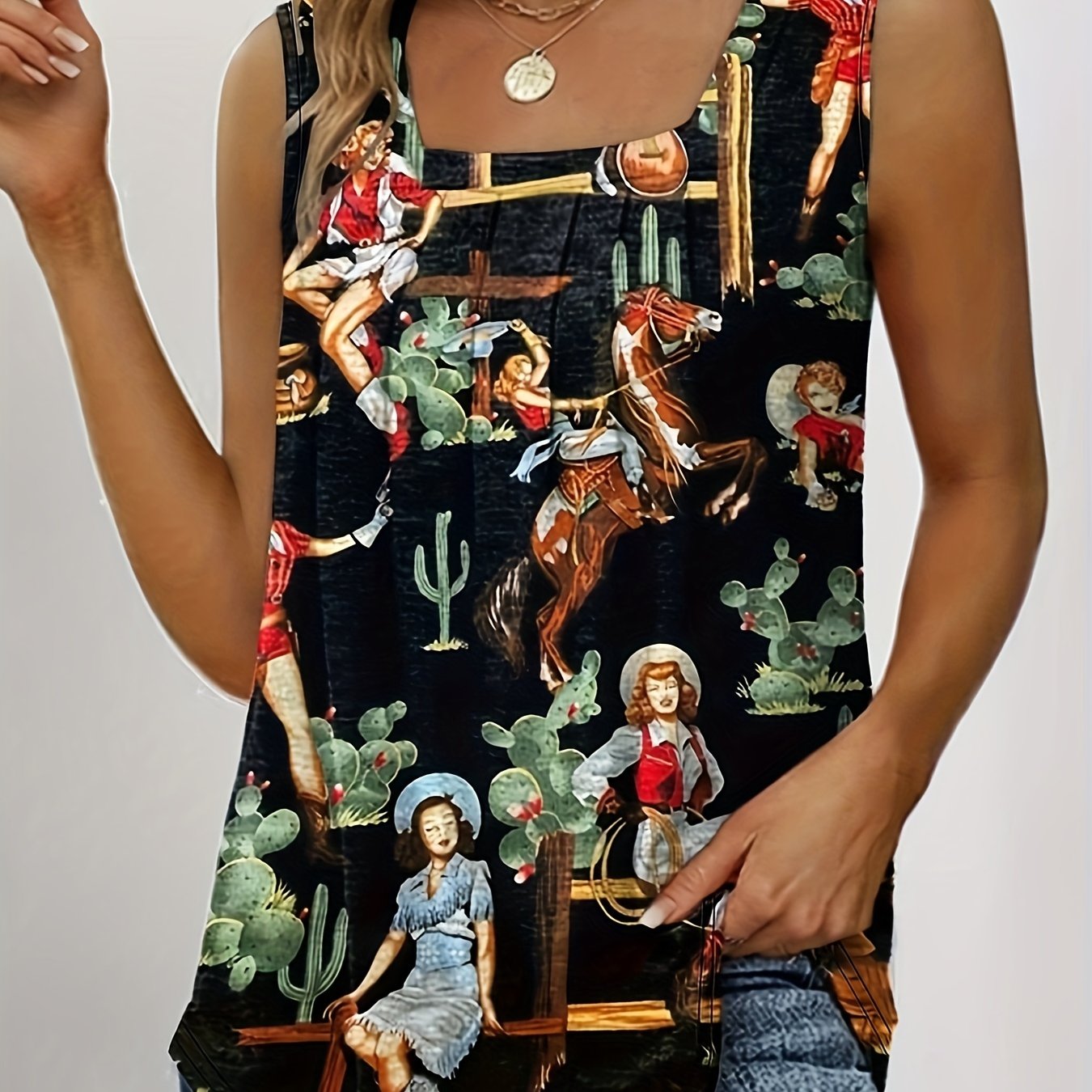 Plus Size Western Chic Vest Tank Top - Relaxed Fit, Medium Stretch, Random Cowboy Print, Square Neck, Pleated Design - Casual Polyester Top for All Seasons