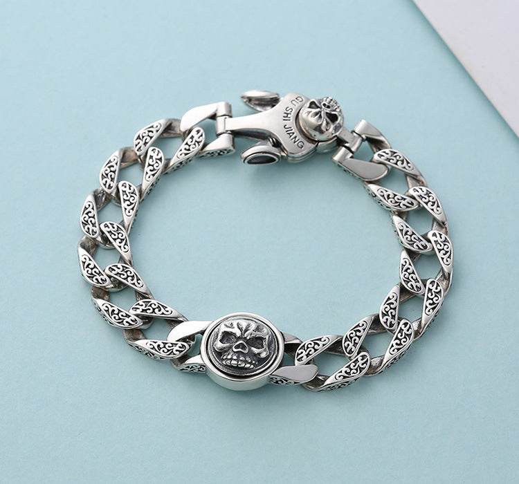 Sterling Silver Ornament Men's Trendy Rotating Skull Retro Fashion Tang Grass Pattern Bracelet