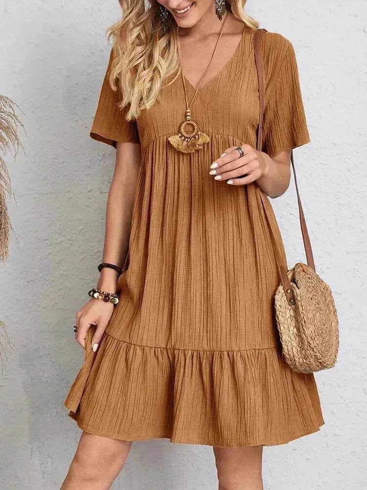 Summer Beach V-neck Dresses Women's Loose Casual Short-sleeved Loose Skater Dress for Chic Ladies