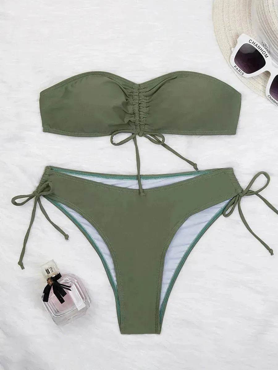 Drawstring Design Tube Bikini Summer Solid Color Charming Swimsuit For Beach Party Womens Clothing