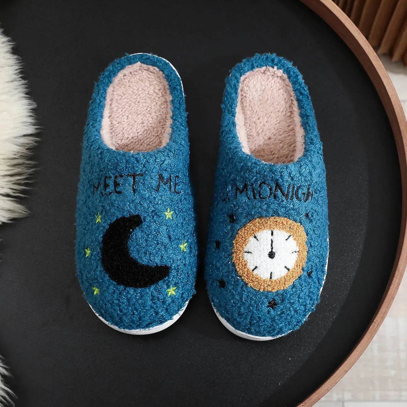 Chaussons d'intérieur imprimés lune et horloge, pantoufles chaudes d'hiver pour chambre à coucher pour femmes