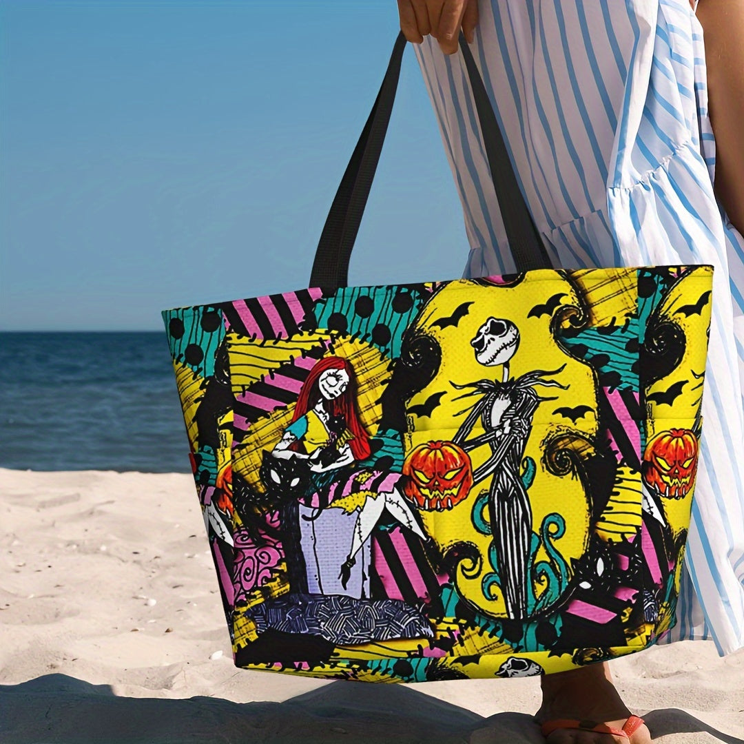 UME Disney Nightmare Before Christmas Jack & Sally Tote Bag - Large Capacity, Durable Polyester Shoulder Bag for Travel, Work, Shopping - Perfect Halloween & Christmas Gift