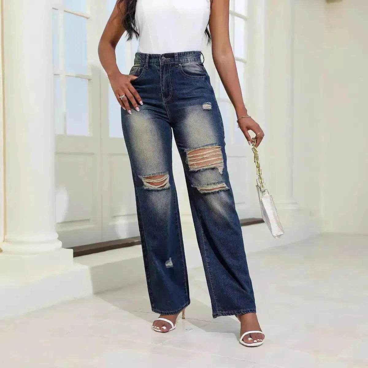 Fashion High Waist Ripped Jeans pants With Pockets Comfortable Slim Fit Denim Trousers Straight Wide-leg jeans Pants