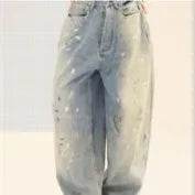 Jeans amples délavés et déchirés décontractés, style unisexe amincissant avec motifs éclaboussures d'encre pour hommes et femmes