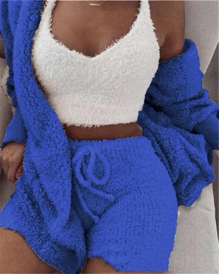 Winter Women Home Wear Suit Casual Pajamas Set Lady Female Soft Warm Long Sleeve Exposed Navel Vest Shorts Set